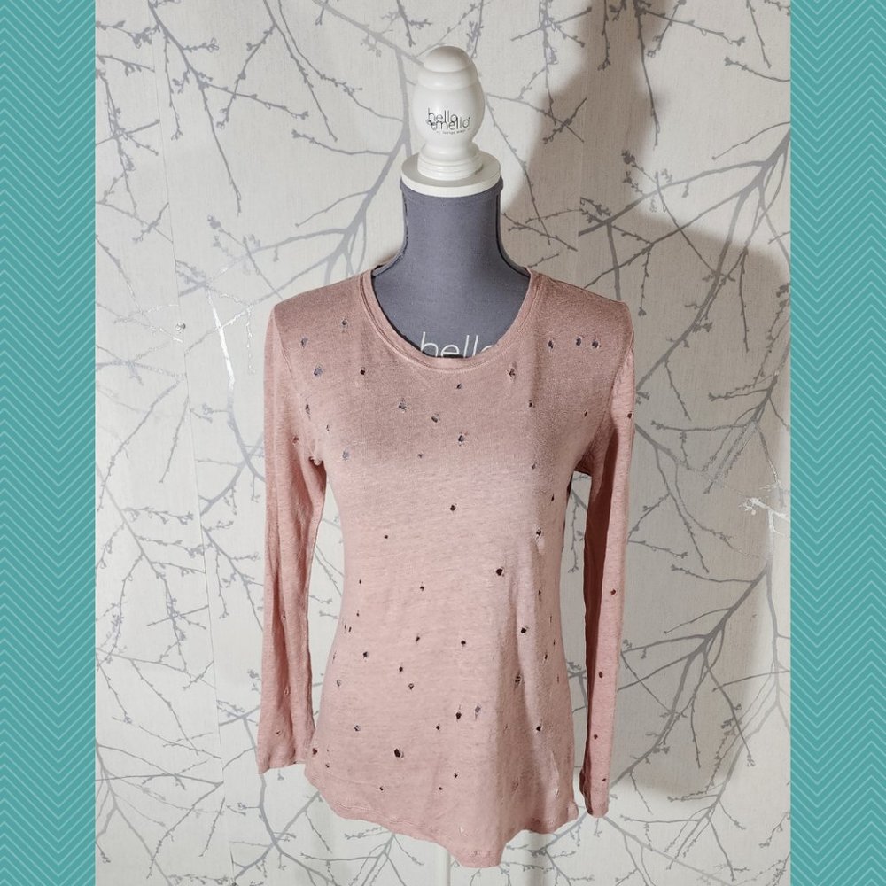 Black Orchid Pink 100% Linen Distressed Long Sleeve Tee